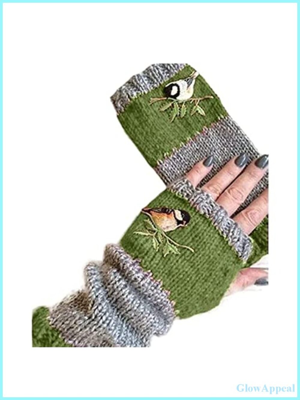 Vintage Knitted Fingerless Gloves with Bird Embroidery, Acrylic Warm Winter